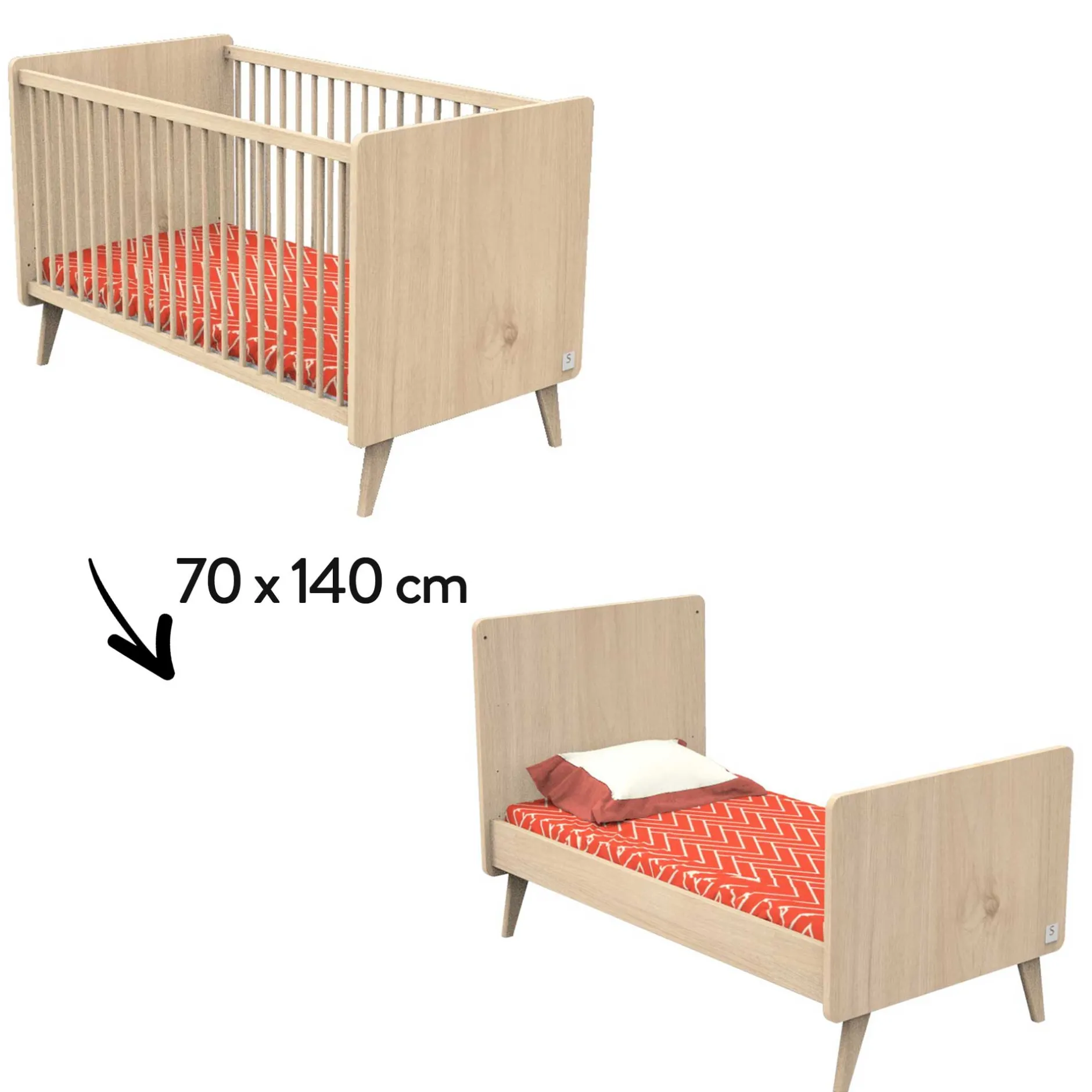 Lits 70X140 Évolutifs*Sauthon Baby's Sweet Home Arty Lit évolutif 70 x 140 cm de Chêne suave