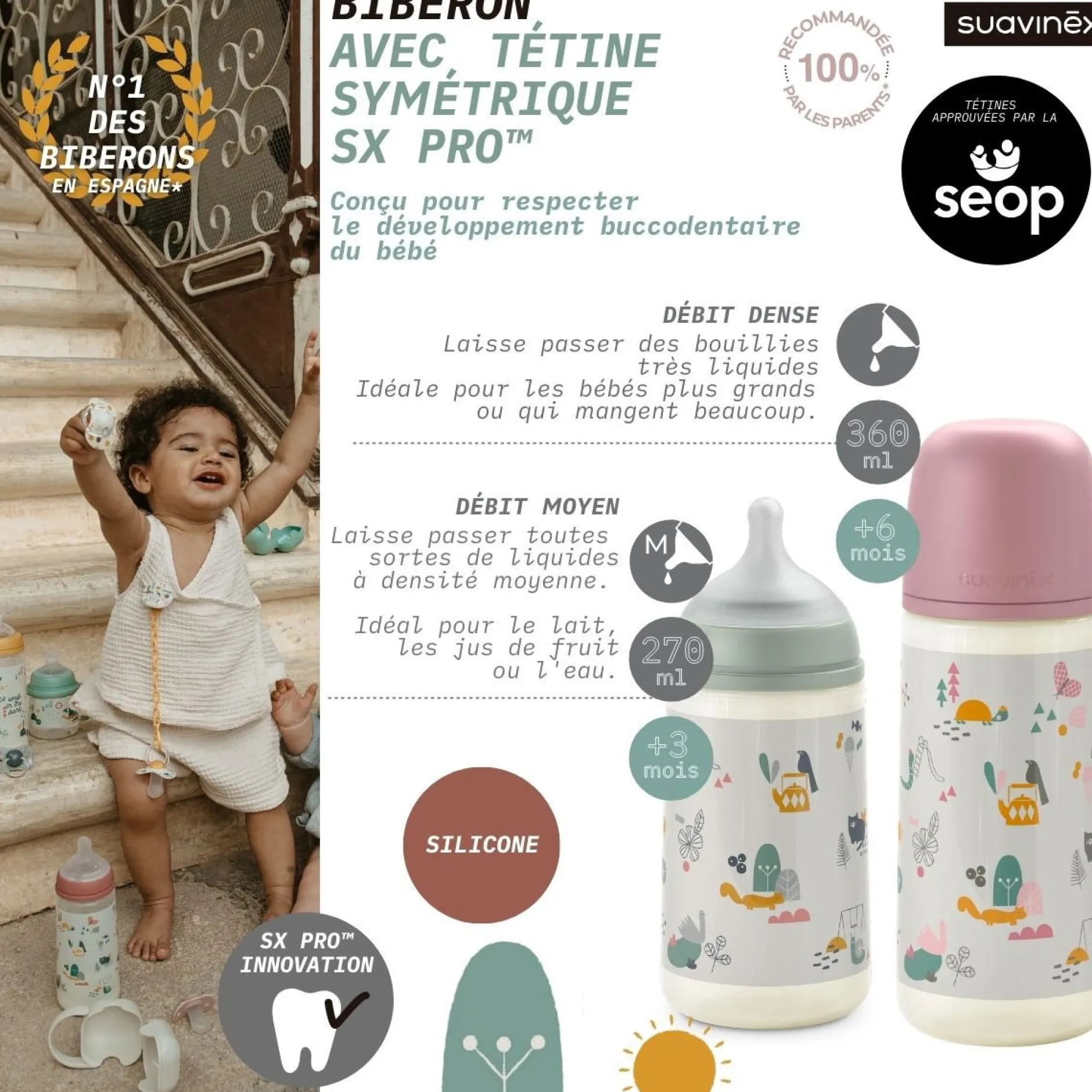 Biberons Pp (Polypropylène)*Suavinex Biberon tétine SX PRO M 360 ml de Walk Vert