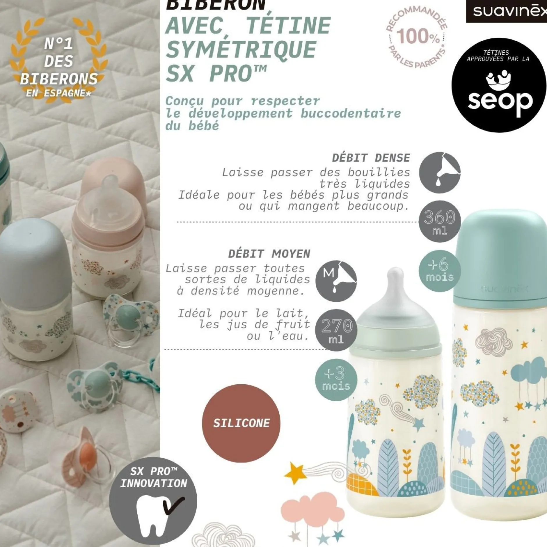 Biberons Pp (Polypropylène)*Suavinex Biberon tétine SX PRO M 270 ml de Dreams Rose