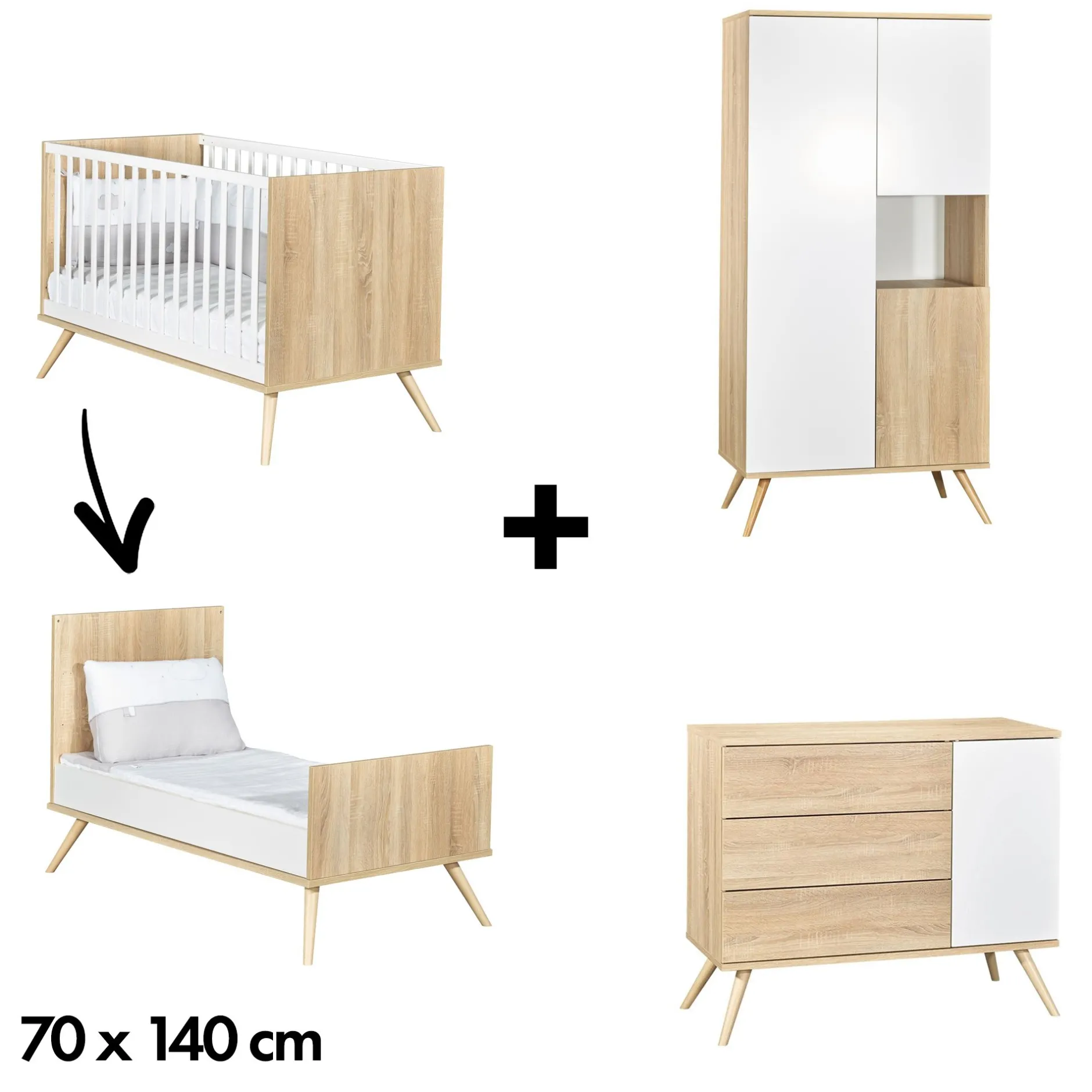 Commodes|Lits 70X140 Évolutifs* Chambre Seventies : Lit 70x140 + Commode + Armoire de Sauthon Baby's Sweet Home
