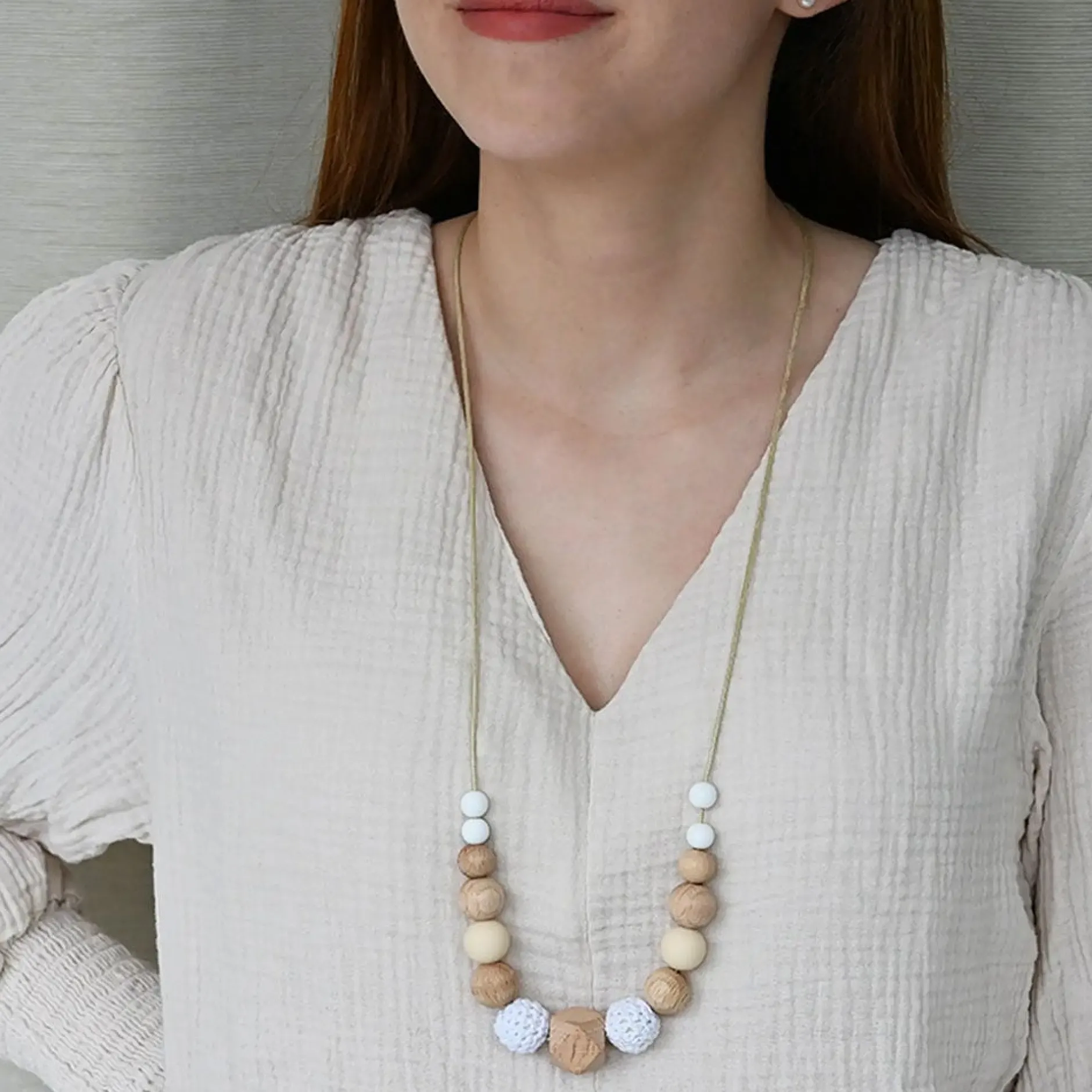 Bijoux|Soins & Beauté*Irréversible Collier d'allaitement et de portage de Blanc tissu et bois