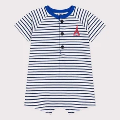 Combinaisons, Salopettes|Combinaisons, Salopettes*Petit Bateau Combinaison courte en jersey fin de Blanc Marshmallow / Bleu Médiéval