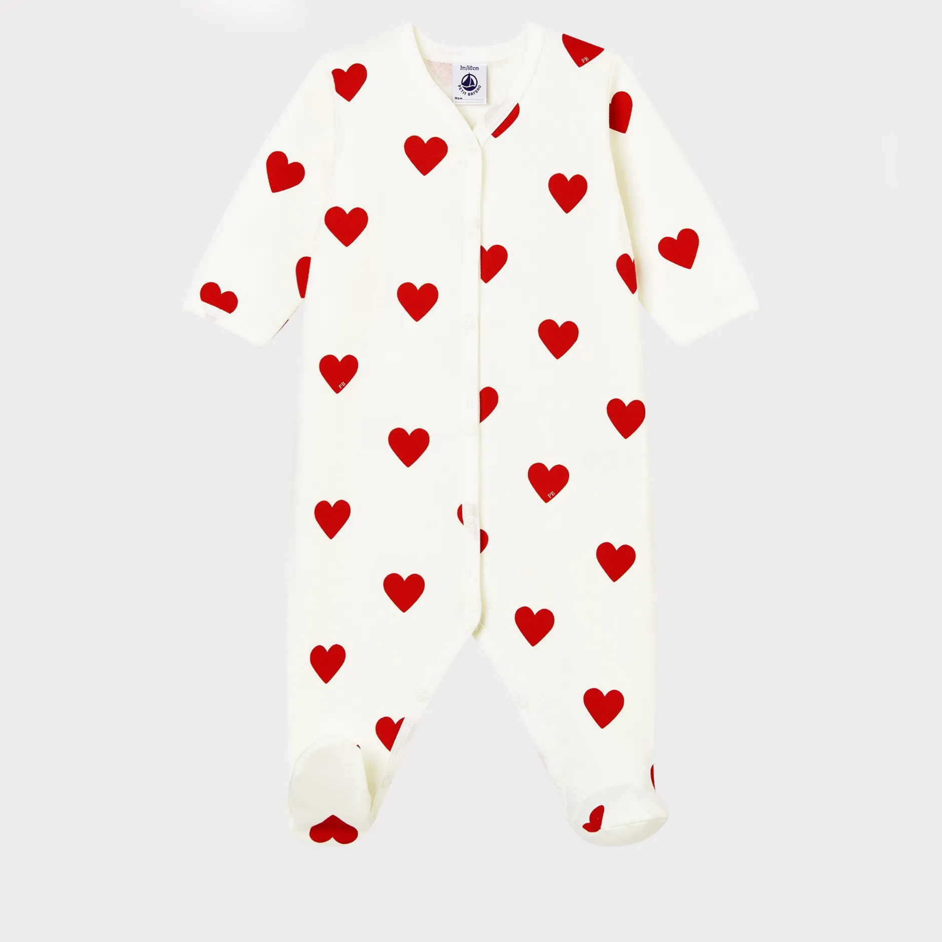 Pyjamas|Pyjamas*Petit Bateau Dors-bien cœur rouge bébé en molleton en coton biologique de Blanc Marshmallow / rouge Terkuit