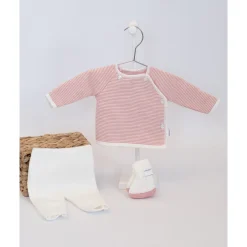 Collection Tricot*P'tit bisou Ensemble milleraies 0-1 mois de Ecru/Rose