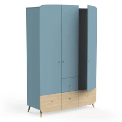 Armoires 3 Portes*CBA Meubles Firmiana Armoire 3 Portes + 4 Tiroirs de Bleu Orage / Bois Naturel