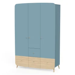 Armoires 3 Portes*CBA Meubles Firmiana Armoire 3 Portes + 4 Tiroirs de Bleu Orage / Bois Naturel