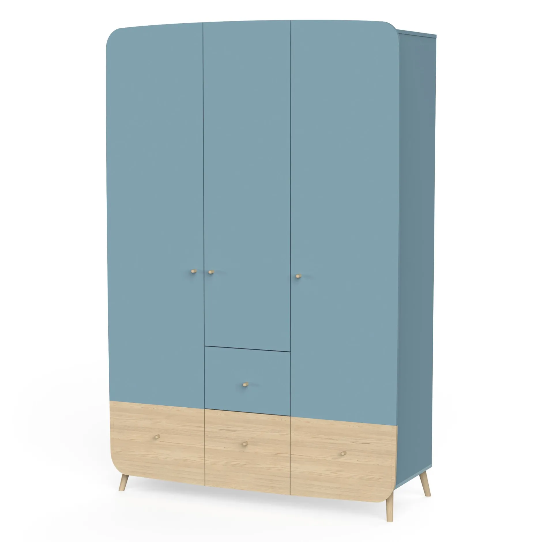Armoires 3 Portes*CBA Meubles Firmiana Armoire 3 Portes + 4 Tiroirs de Bleu Orage / Bois Naturel