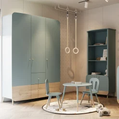 Armoires 3 Portes*CBA Meubles Firmiana Armoire 3 Portes + 4 Tiroirs de Bleu Orage / Bois Naturel