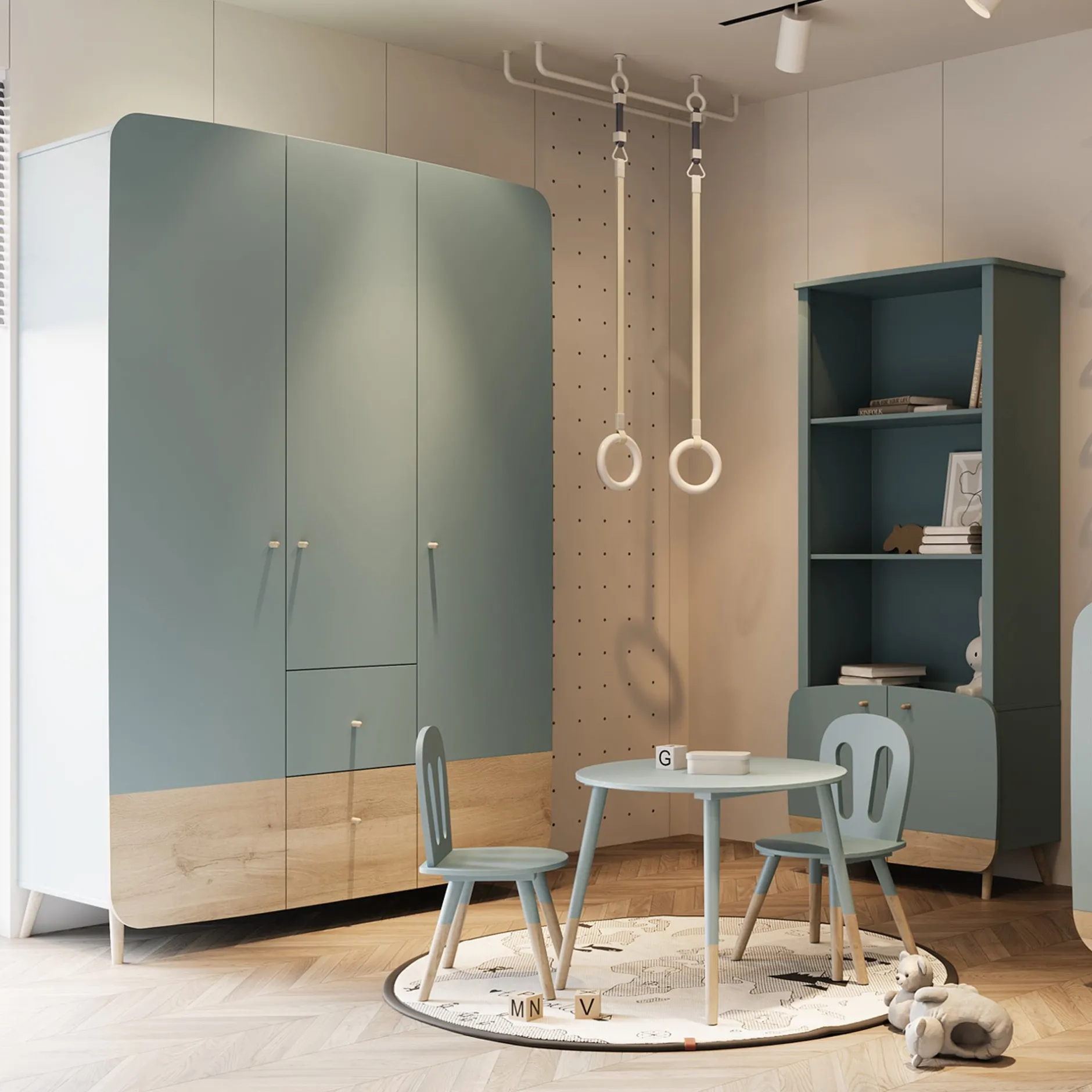 Armoires 3 Portes*CBA Meubles Firmiana Armoire 3 Portes + 4 Tiroirs de Bleu Orage / Bois Naturel