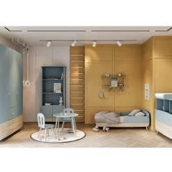 Armoires 3 Portes*CBA Meubles Firmiana Armoire 3 Portes + 4 Tiroirs de Bleu Orage / Bois Naturel