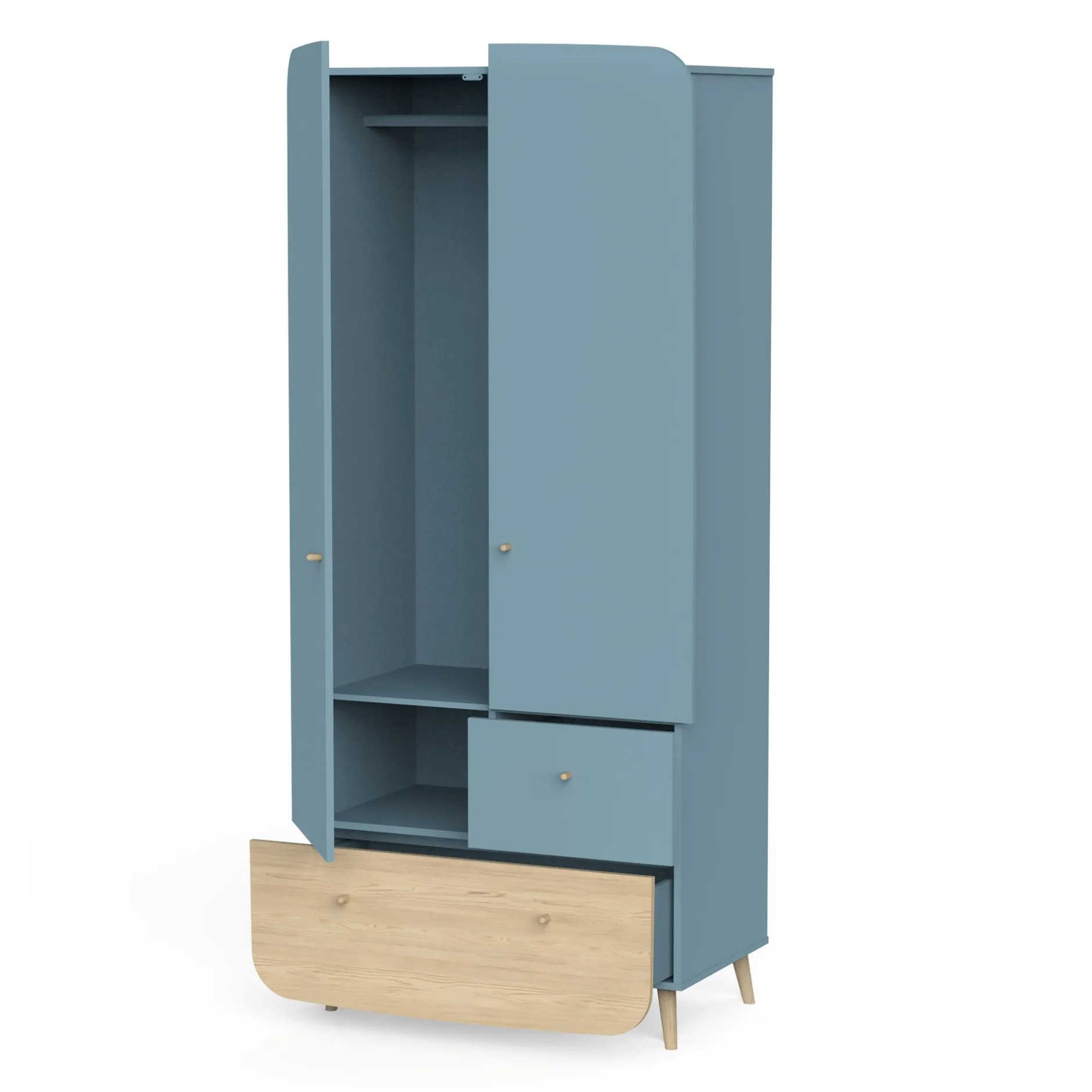 Armoires 2 Portes*CBA Meubles Firmiana Armoire 2 portes + 2 Tiroirs de Bleu Orage / Bois Naturel