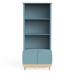 Autres Mobiliers*CBA Meubles Firmiana Bibliothèque 2 Portes + 2 Étagères de Bleu Orage / Bois Naturel