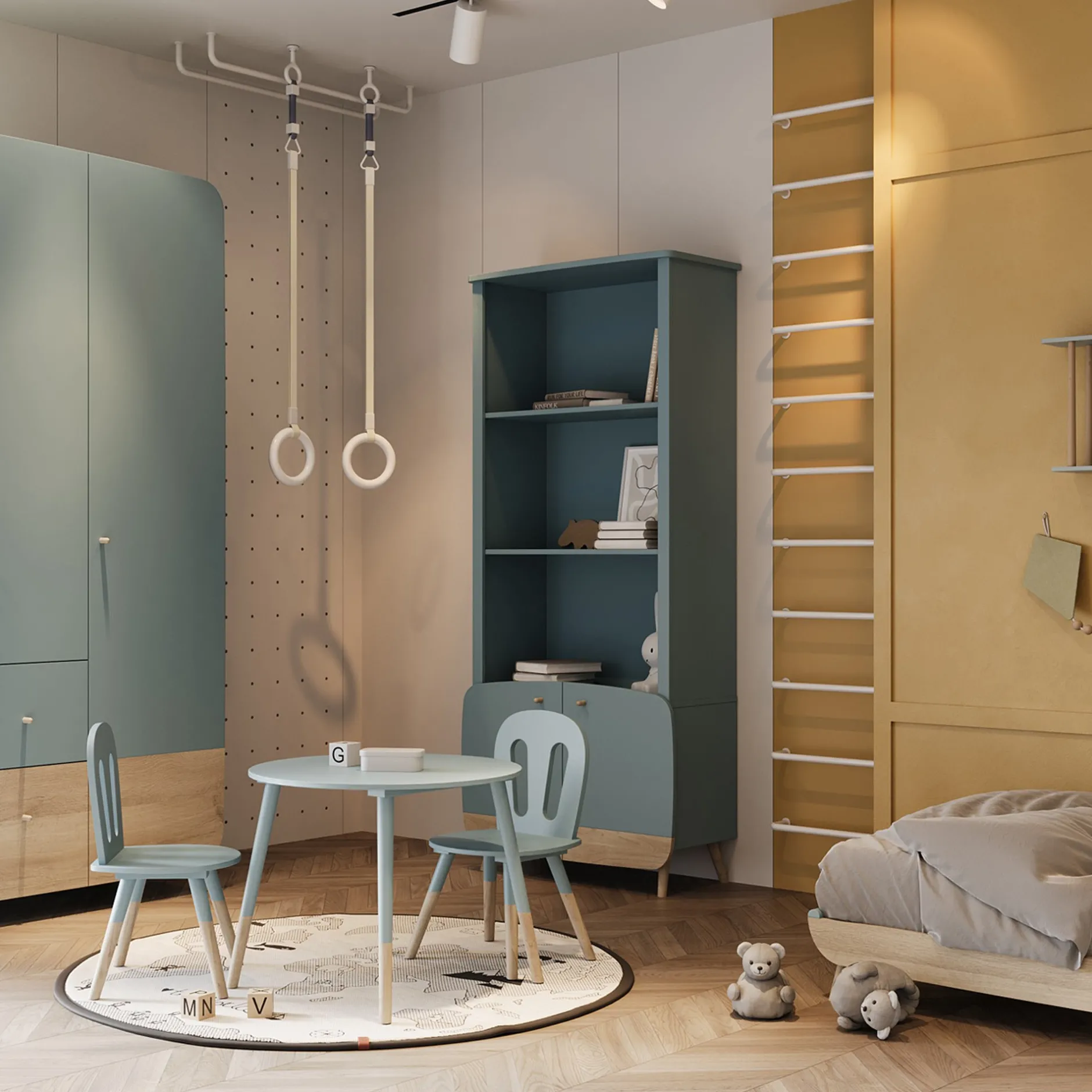 Autres Mobiliers*CBA Meubles Firmiana Bibliothèque 2 Portes + 2 Étagères de Bleu Orage / Bois Naturel