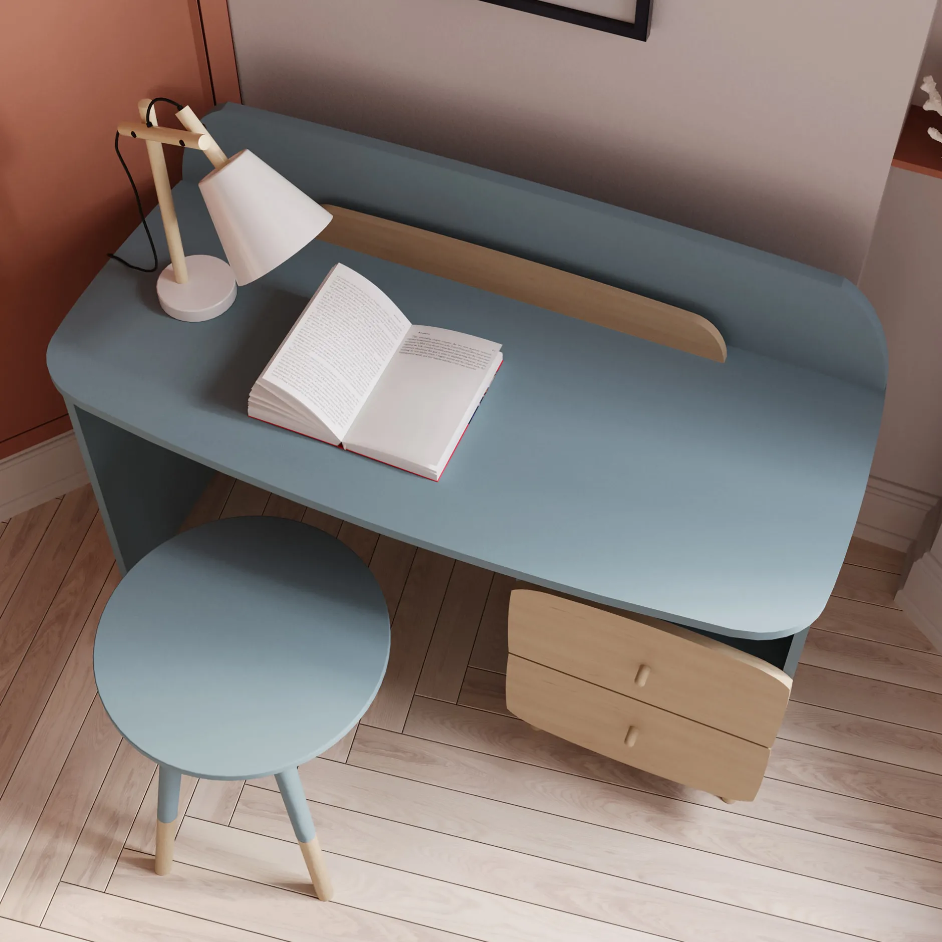 Autres Mobiliers*CBA Meubles Firmiana Bureau Enfant de Bleu Orage / Bois Naturel