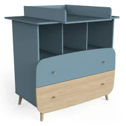 Commodes*CBA Meubles Firmiana Commode 2 Tiroirs + 3 niches de Bleu Orage / Bois Naturel