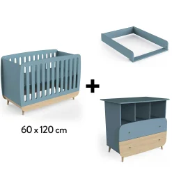 Plans À Langer|Plans*CBA Meubles Firmiana Lit 60 x 120 cm+ Commode + Plan à Langer de Bleu Orage / Bois Naturel