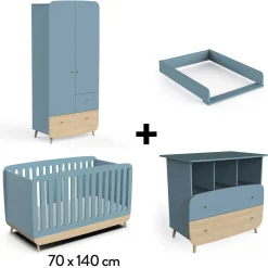 Plans À Langer|Plans*CBA Meubles Firmiana Lit 70 x 140 cm Évolutif + Commode + Plan à Langer + Armoire de Bleu Orage / Bois Naturel