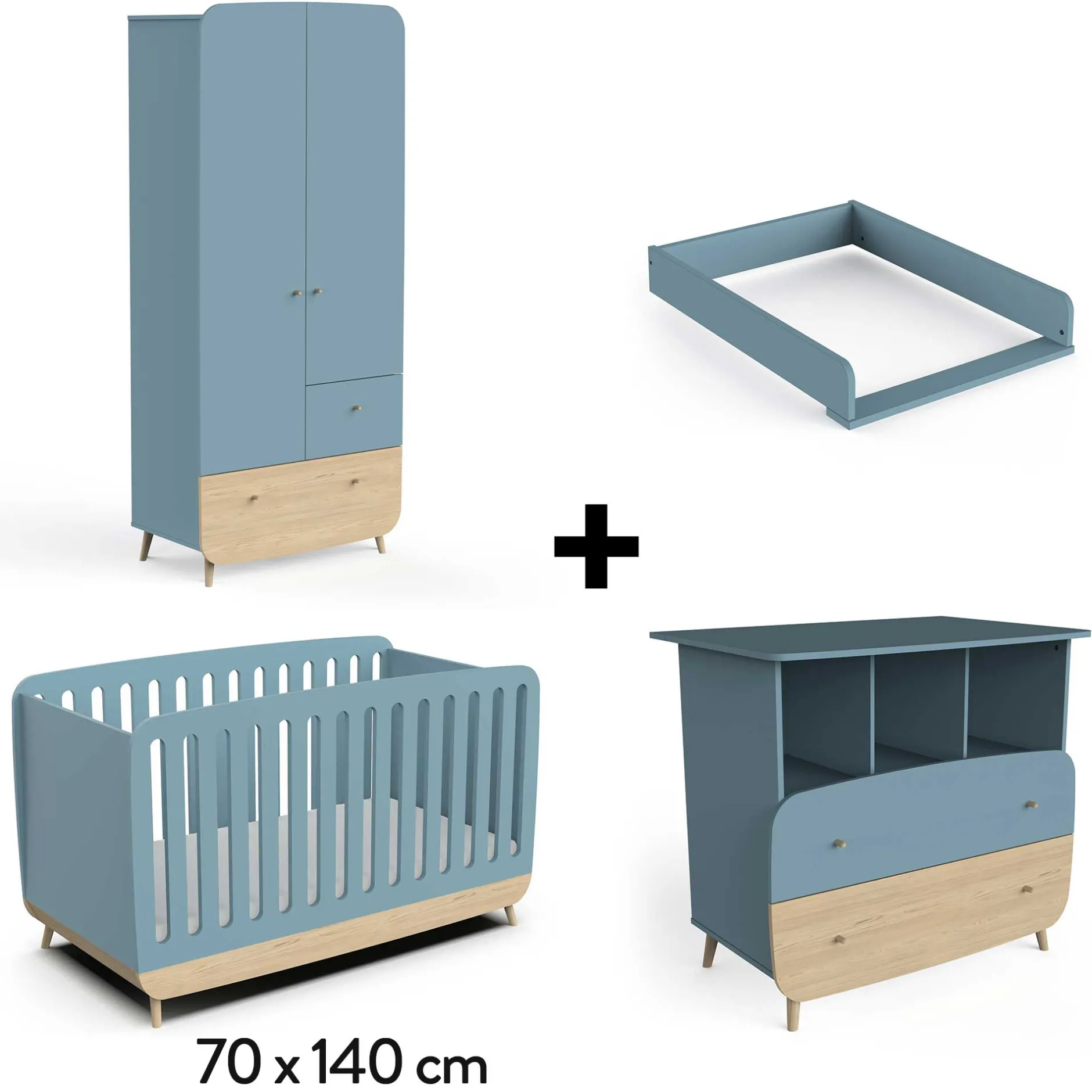 Plans À Langer|Plans*CBA Meubles Firmiana Lit 70 x 140 cm Évolutif + Commode + Plan à Langer + Armoire de Bleu Orage / Bois Naturel