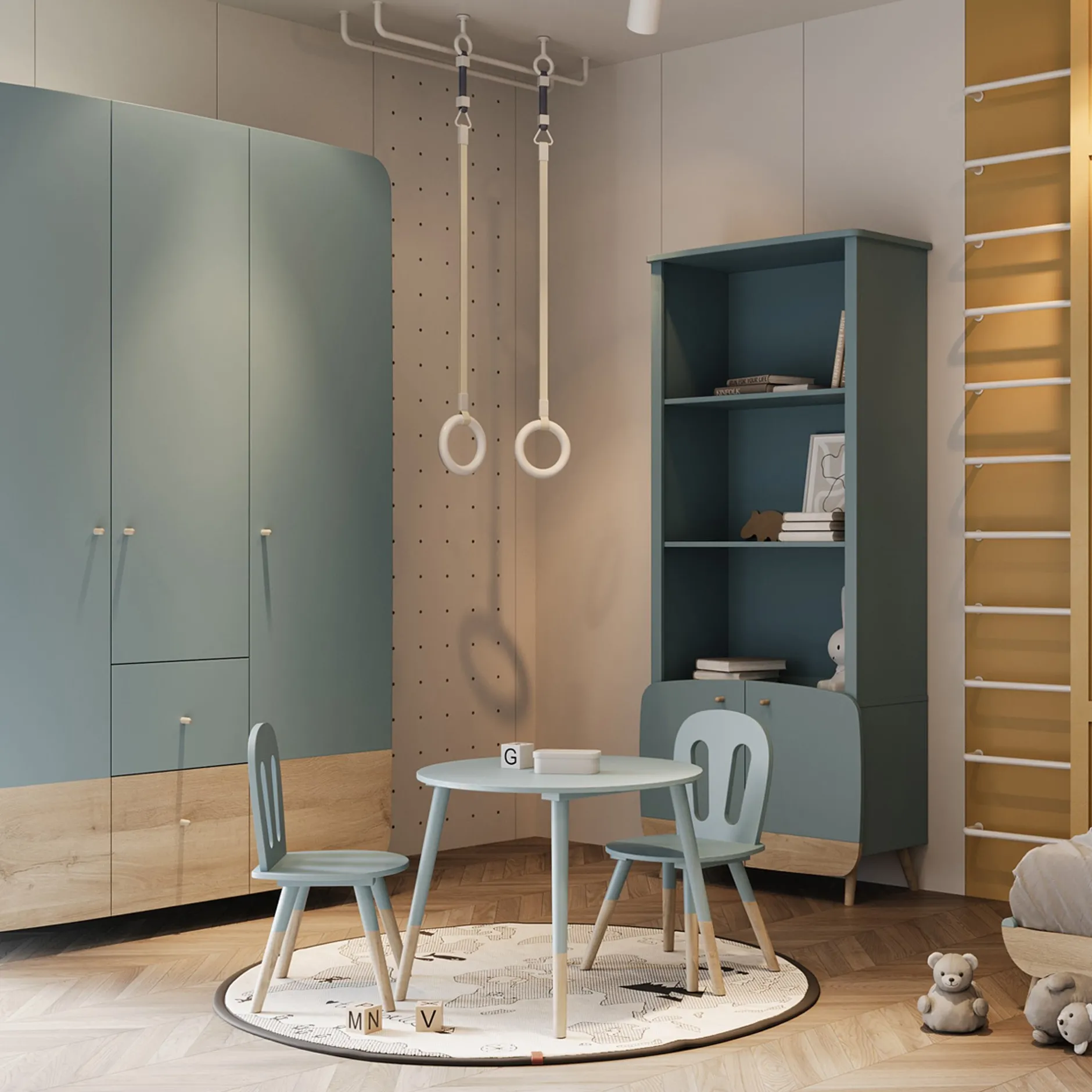 Autres Mobiliers*CBA Meubles Firmiana Set 1 Table + 2 chaises de Bleu Orage / Bois Naturel