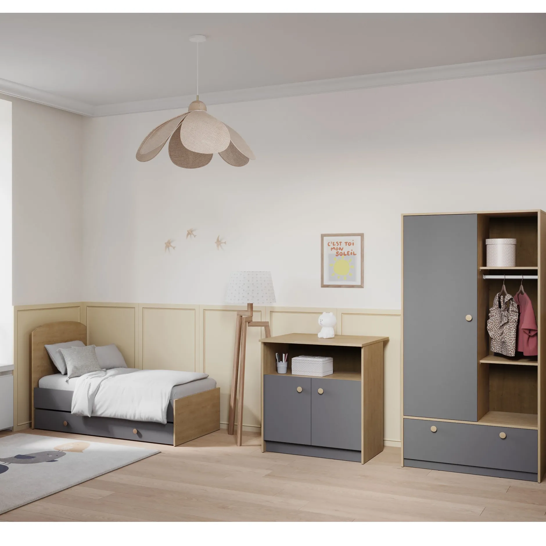 Armoires 1 Porte*CBA Meubles Gabin Armoire 1 porte + 1 tiroir de Chêne hamilton / Gris graphite