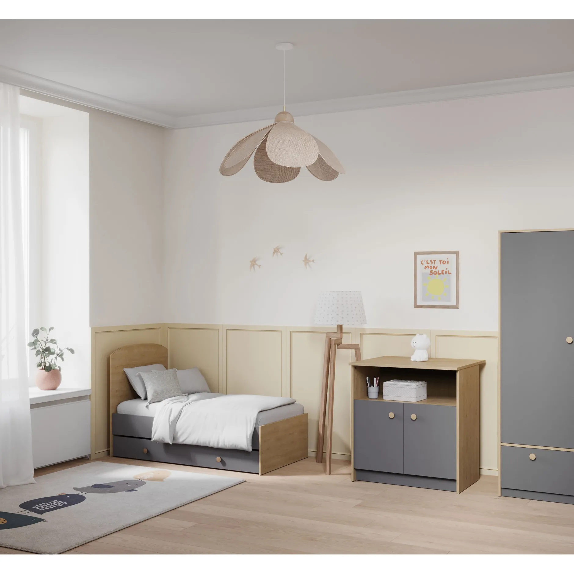 Tiroirs De Lit*CBA Meubles Gabin Tiroir de lit 70 x 140 cm de Blanc perle / Gris graphite