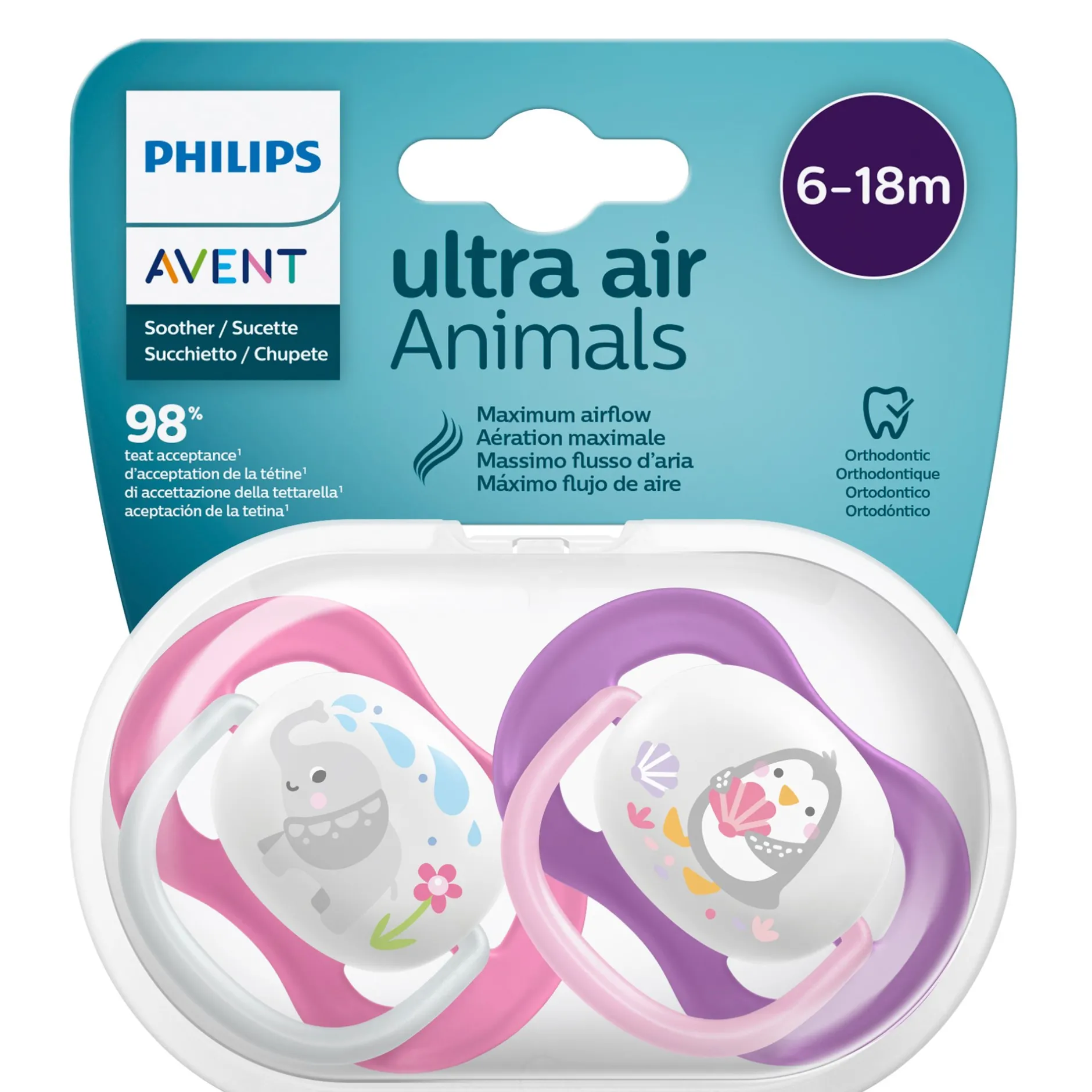 Sucettes*Philips AVENT Lot 2 sucettes ultra air 6-18 mois de Pingouin/éléphant