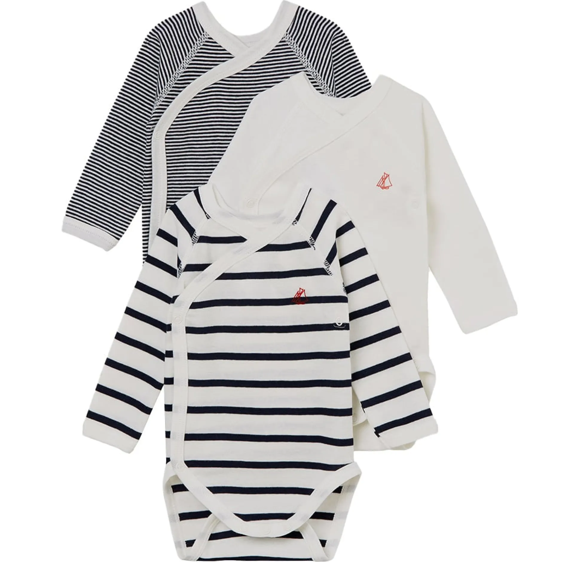 Prématuré|Bodies*Petit Bateau Lot de 3 bodies croisés iconiques de Blanc/Bleu