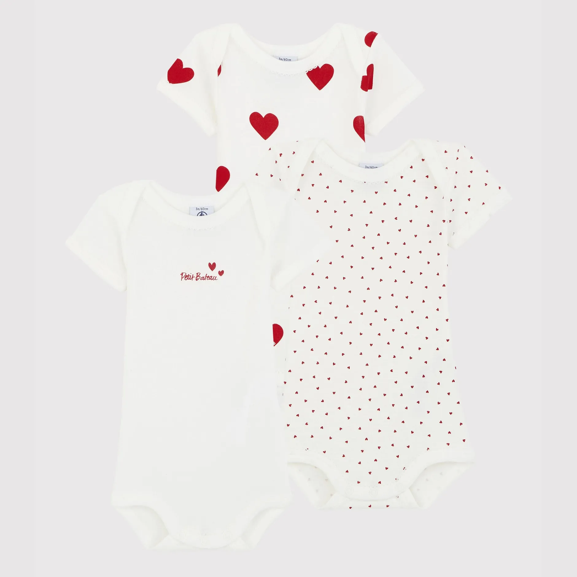 Bodies|Bodies*Petit Bateau Lot de 3 bodies manches courtes cœur coton biologique de Blanc/rouge