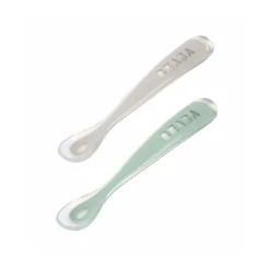 Couverts*Béaba Lot de 2 Cuillères 1er âge en silicone + boite de transport de gris/vert