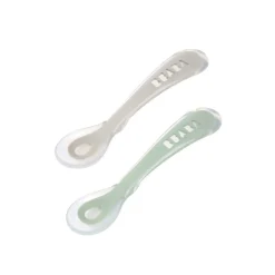 Couverts*Béaba Lot de 2 Cuillères 2ème âge en silicone + boite de transport de gris/vert