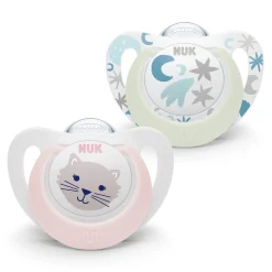 Sucettes*Nuk Lot de 2 sucettes Starlight 0-6 mois de Rose et Beige