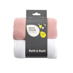 Draps Housses*Petit à petit Lot de deux draps housses 60 x 120 cm de Blanc/Rose