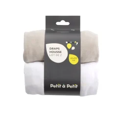 Draps Housses*Petit à petit Lot de deux draps housses 60 x 120 cm de Blanc/Grège