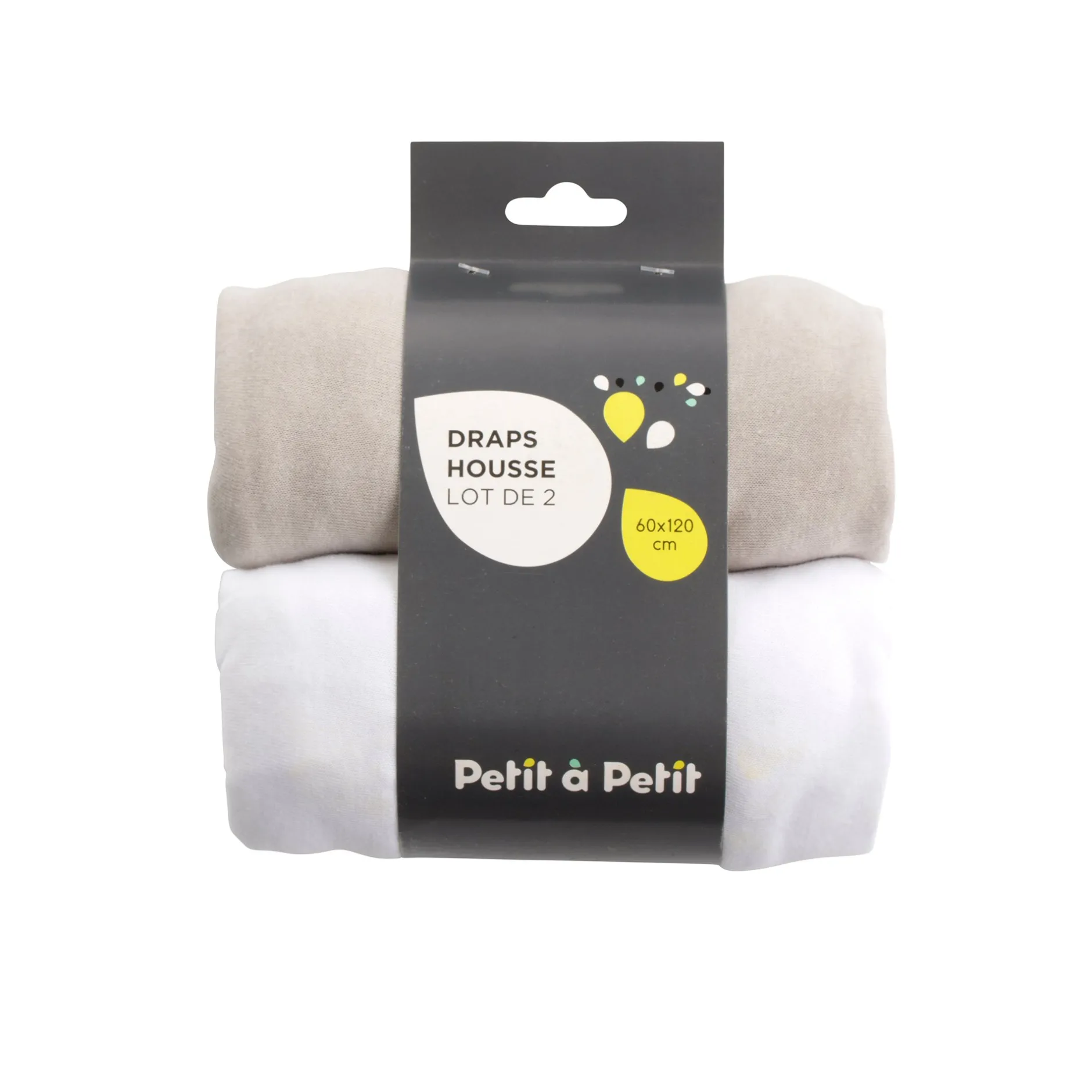 Draps Housses*Petit à petit Lot de deux draps housses 60 x 120 cm de Blanc/Grège