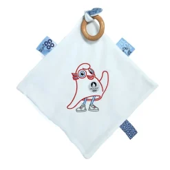 Hochets*Doudou et Compagnie Mascotte Officielle JO 2024 Doudou plat avec anneau en bois de Blanc