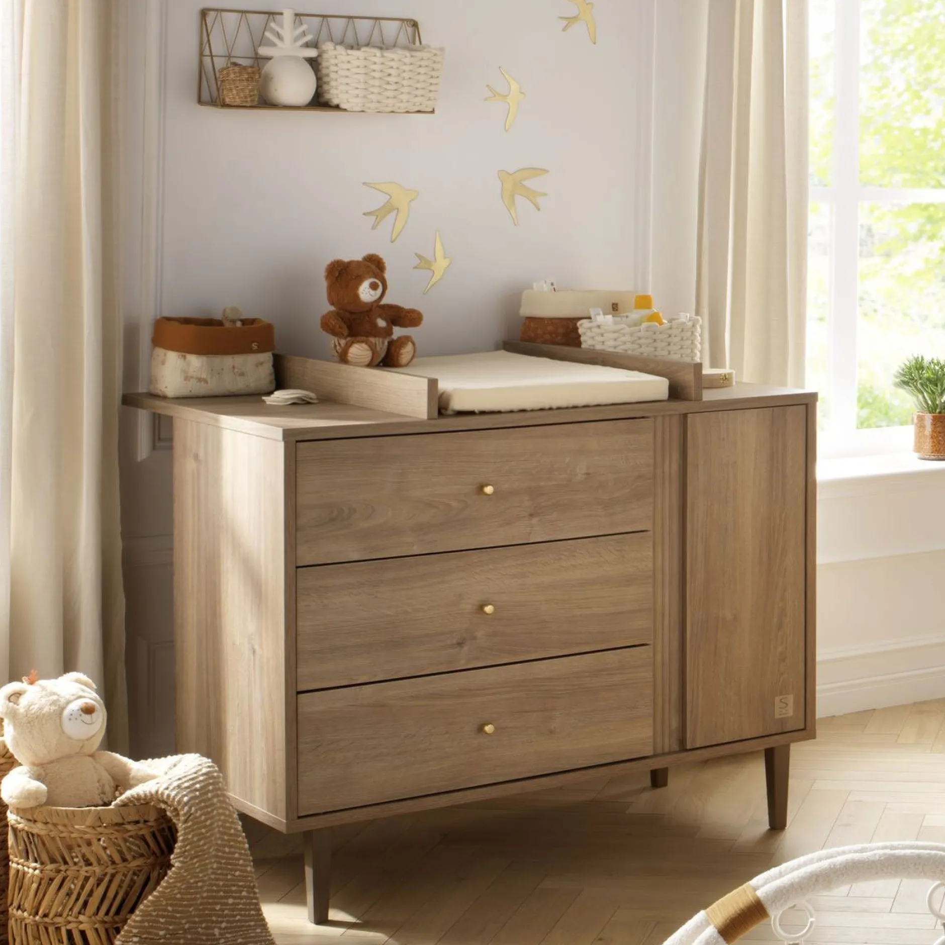 Commodes*Sauthon Baby's Sweet Home Mokka Commode 3 tiroirs 1 porte de Chêne / Mokka