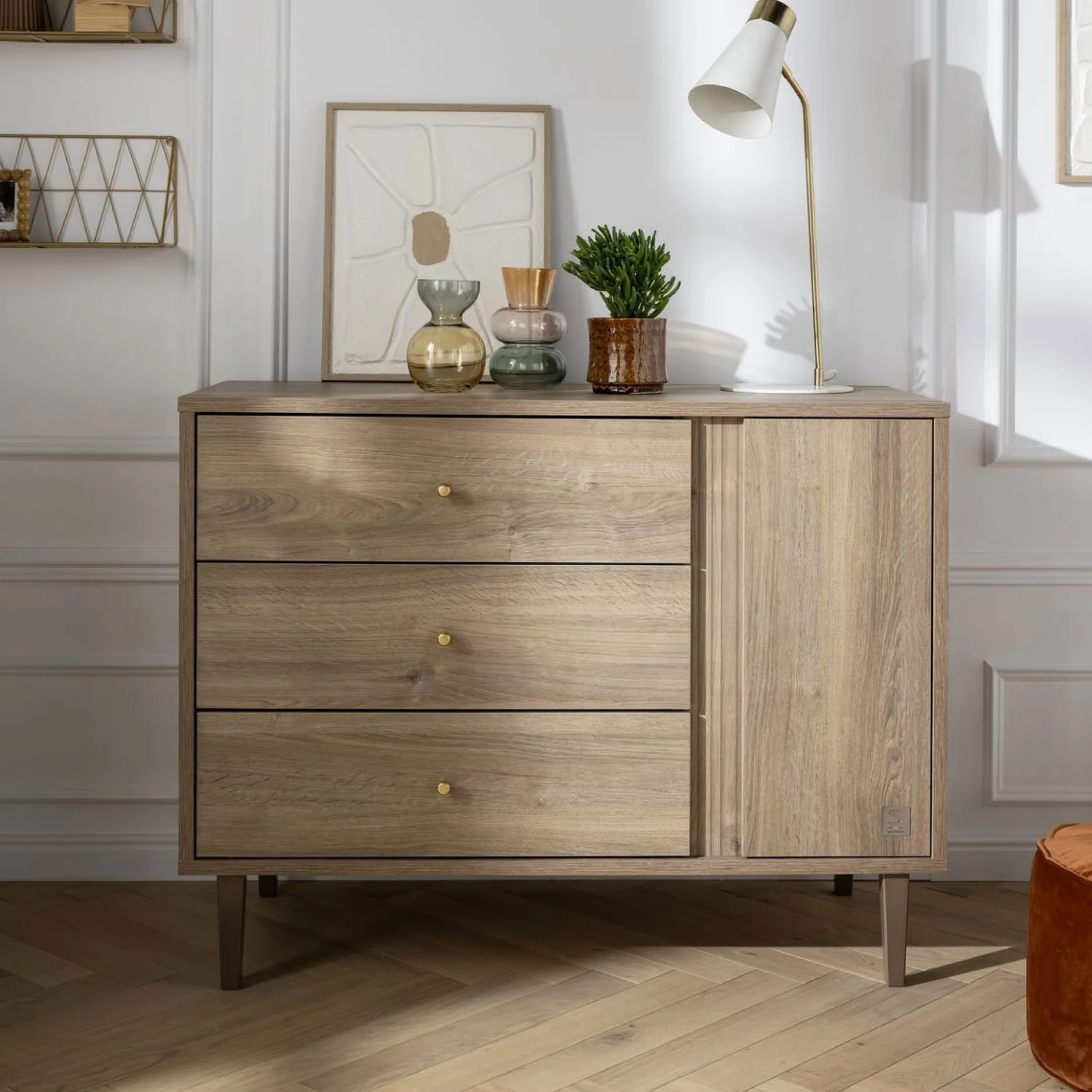 Commodes*Sauthon Baby's Sweet Home Mokka Commode 3 tiroirs 1 porte de Chêne / Mokka