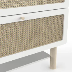 Commodes*CBA Meubles Ochna Commode 2 tiroirs + 1 étagère de Blanc et cannage