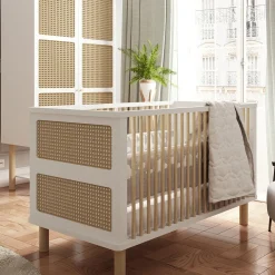 Lits 70X140 Évolutifs*CBA Meubles Ochna Lit bébé évolutif 70 x 140 cm de Blanc et cannage