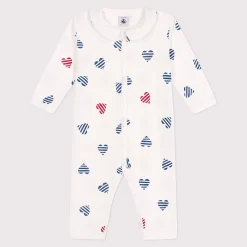 Pyjamas|Pyjamas*Petit Bateau Pyjama bébé en coton sans pieds avec col cœur rayé de Blanc Marshmallow