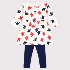 Robes, Jupes*Petit Bateau Robe bébé en coton manches longues et legging imprimée oiseaux de Blanc Avalanche