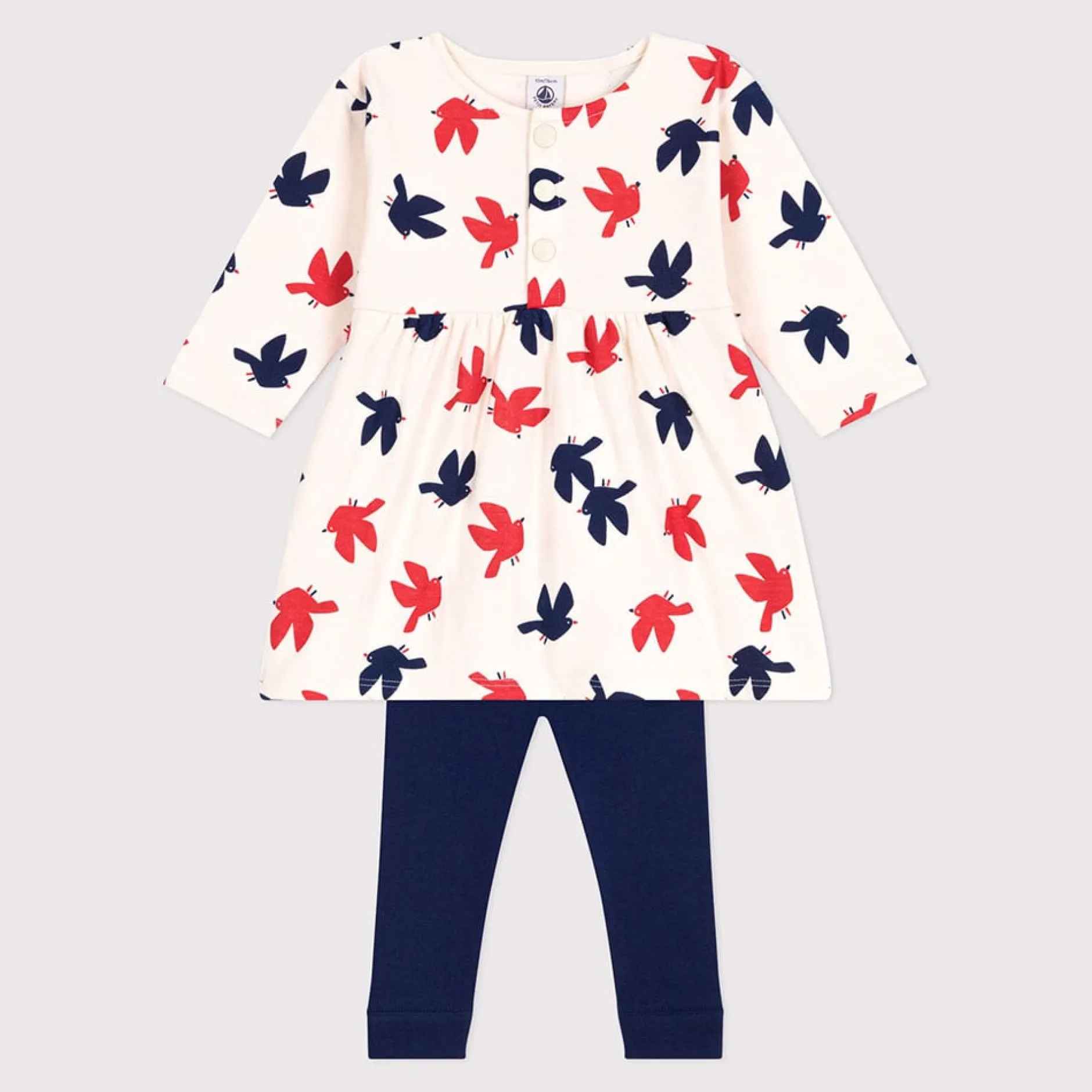 Robes, Jupes*Petit Bateau Robe bébé en coton manches longues et legging imprimée oiseaux de Blanc Avalanche
