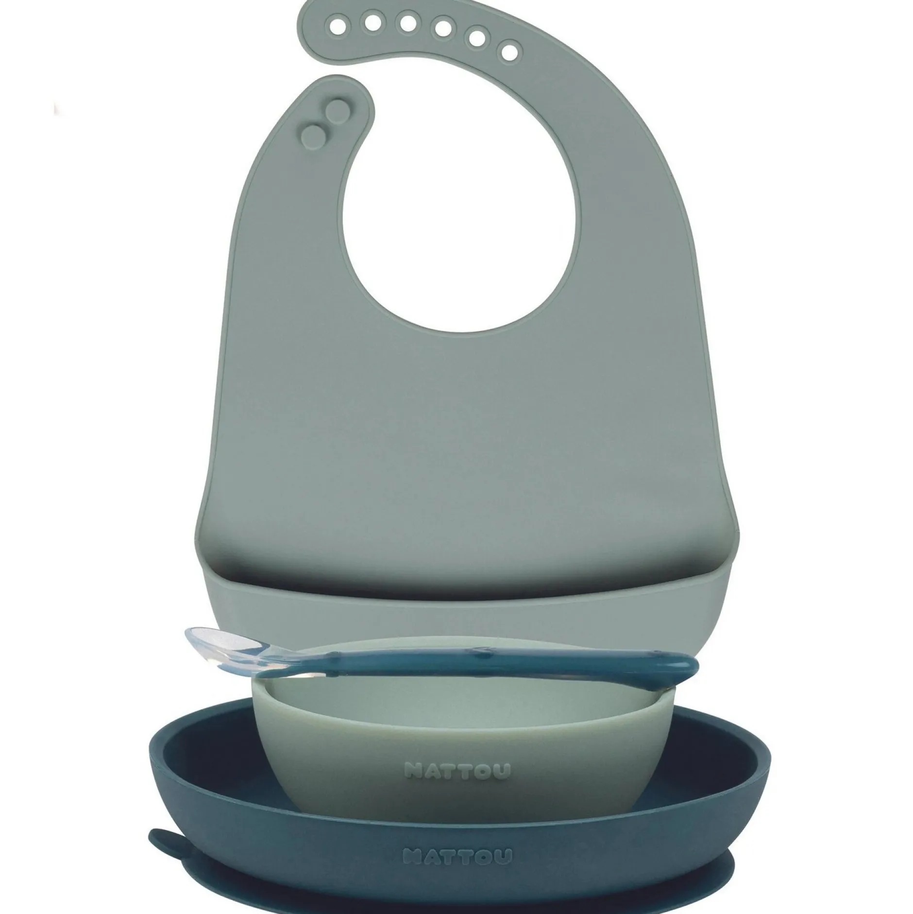 Coffrets*Nattou Set Repas Enfant avec Bavoir 4 pièces Silicone de Vert
