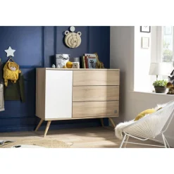 Commodes*Sauthon Baby's Sweet Home Seventies commode 1 porte 3 tiroirs de Chêne doré