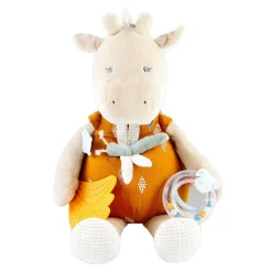 Peluches Musicales*Noukies Tiga, Stegi & Ops Peluche d'activités Tiga en Veloudoux et mousseline de coton BIO de Beige/ocre