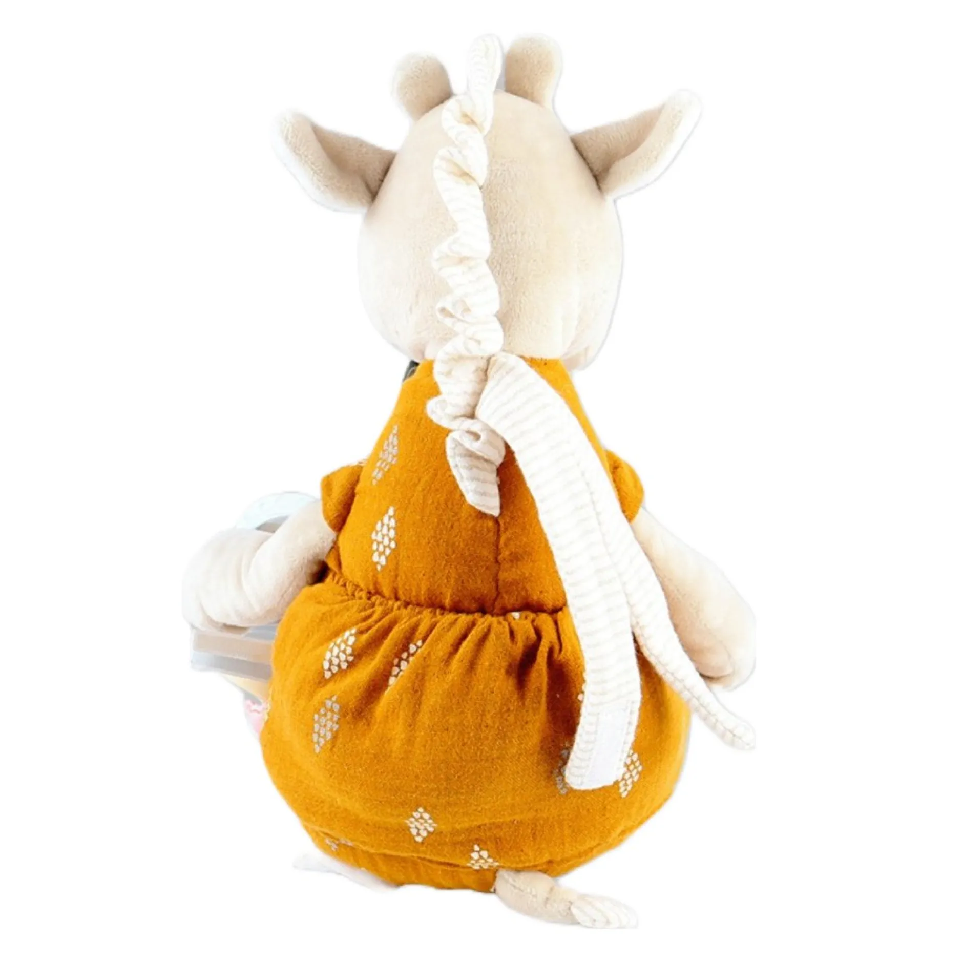 Peluches Musicales*Noukies Tiga, Stegi & Ops Peluche d'activités Tiga en Veloudoux et mousseline de coton BIO de Beige/ocre