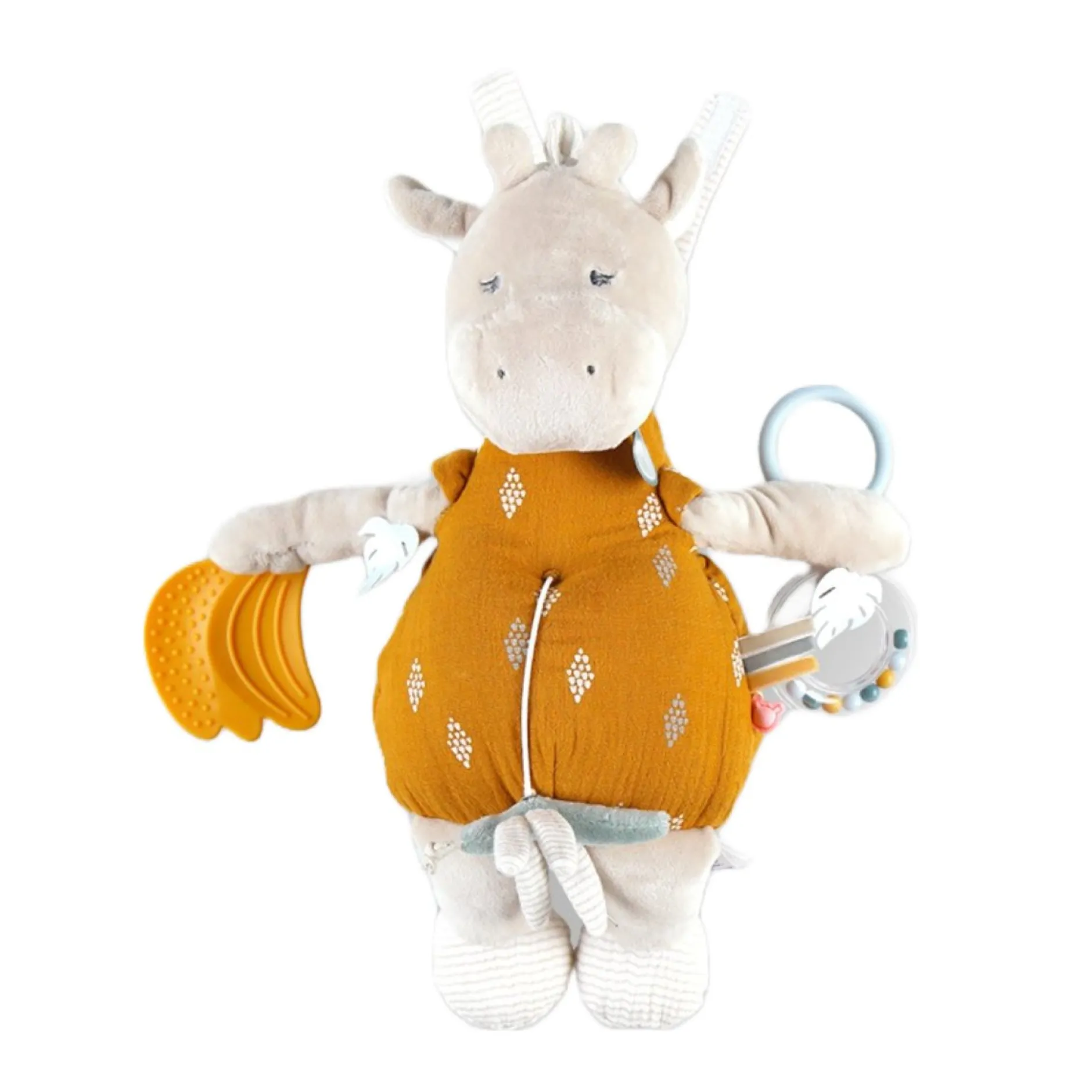 Peluches Musicales*Noukies Tiga, Stegi & Ops Peluche d'activités Tiga en Veloudoux et mousseline de coton BIO de Beige/ocre