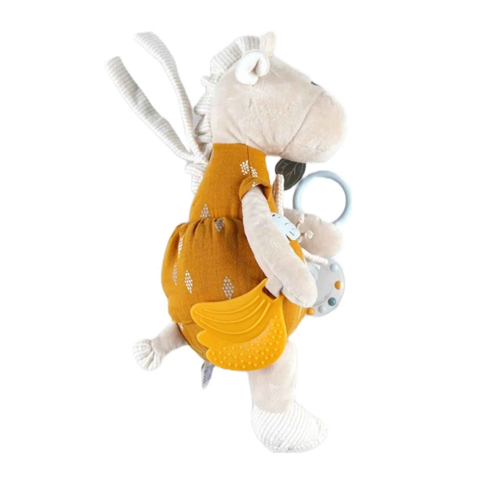 Peluches Musicales*Noukies Tiga, Stegi & Ops Peluche d'activités Tiga en Veloudoux et mousseline de coton BIO de Beige/ocre