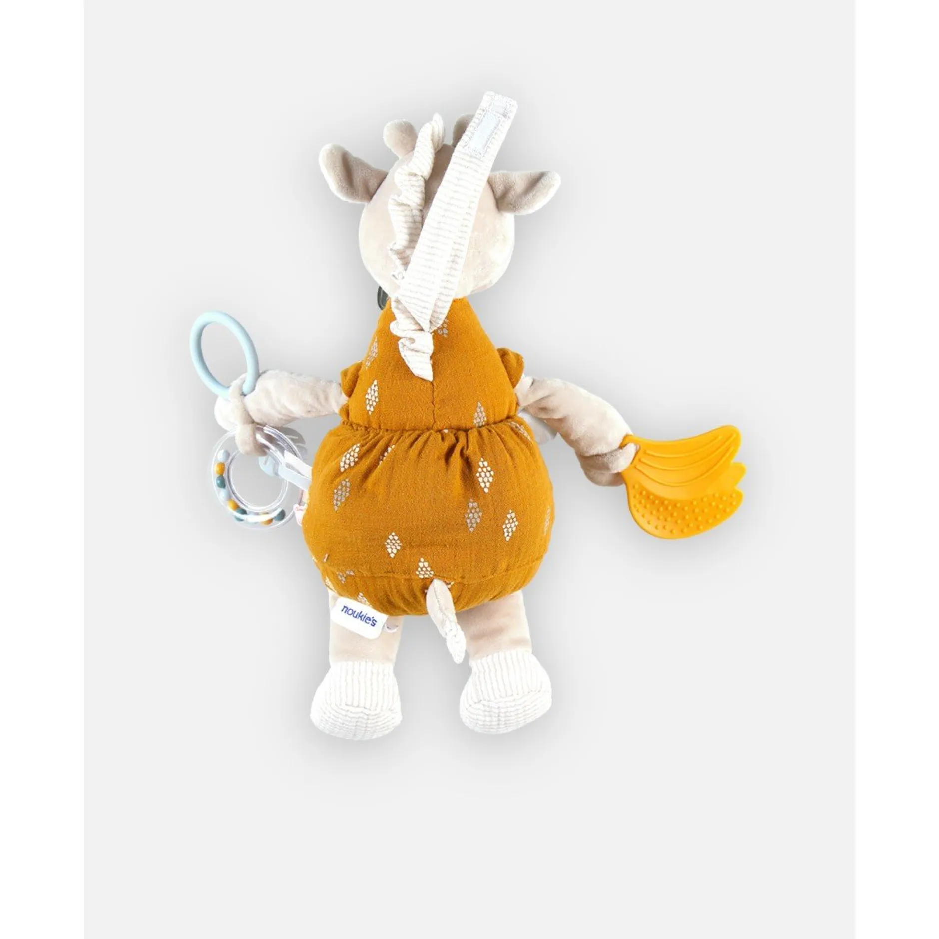 Peluches Musicales*Noukies Tiga, Stegi & Ops Peluche d'activités Tiga en Veloudoux et mousseline de coton BIO de Beige/ocre