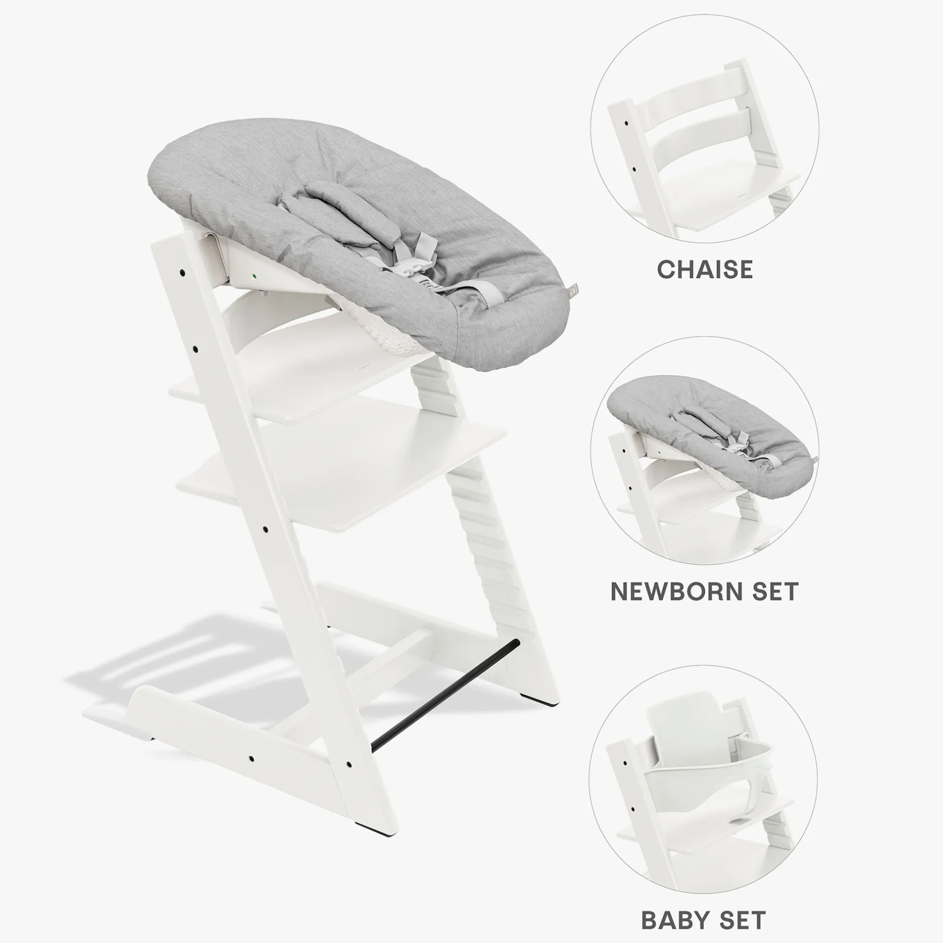 Chaises Hautes Évolutives*Stokke® Tripp Trapp® Pack Chaise haute + Baby Set + Newborn Set de Blanc / Gris